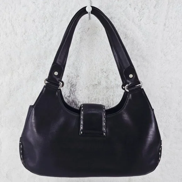 TALBOTS Black Smooth Leather Shoulder Bag Decorative Top Stitching Retro - Picture 13 of 15